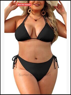 Plus Size Triangle Bikini Set Double Straps Halter Side Tie String Sexy Swimwear